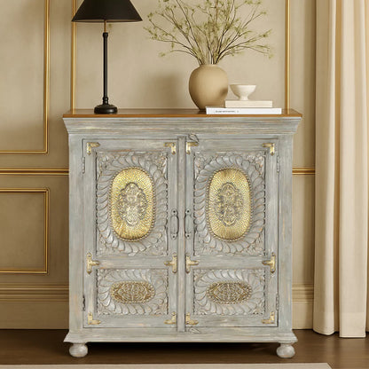 Prescott Hand-Carved Wooden Small Sideboard in Distressed Grey