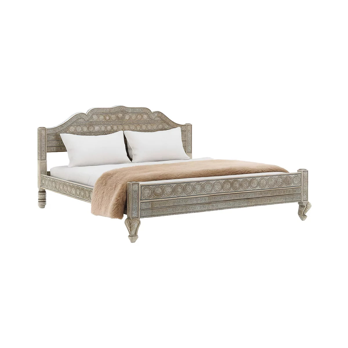 Rialto Distressed Antique Wooden Bed with Ornate Decorative Carving
