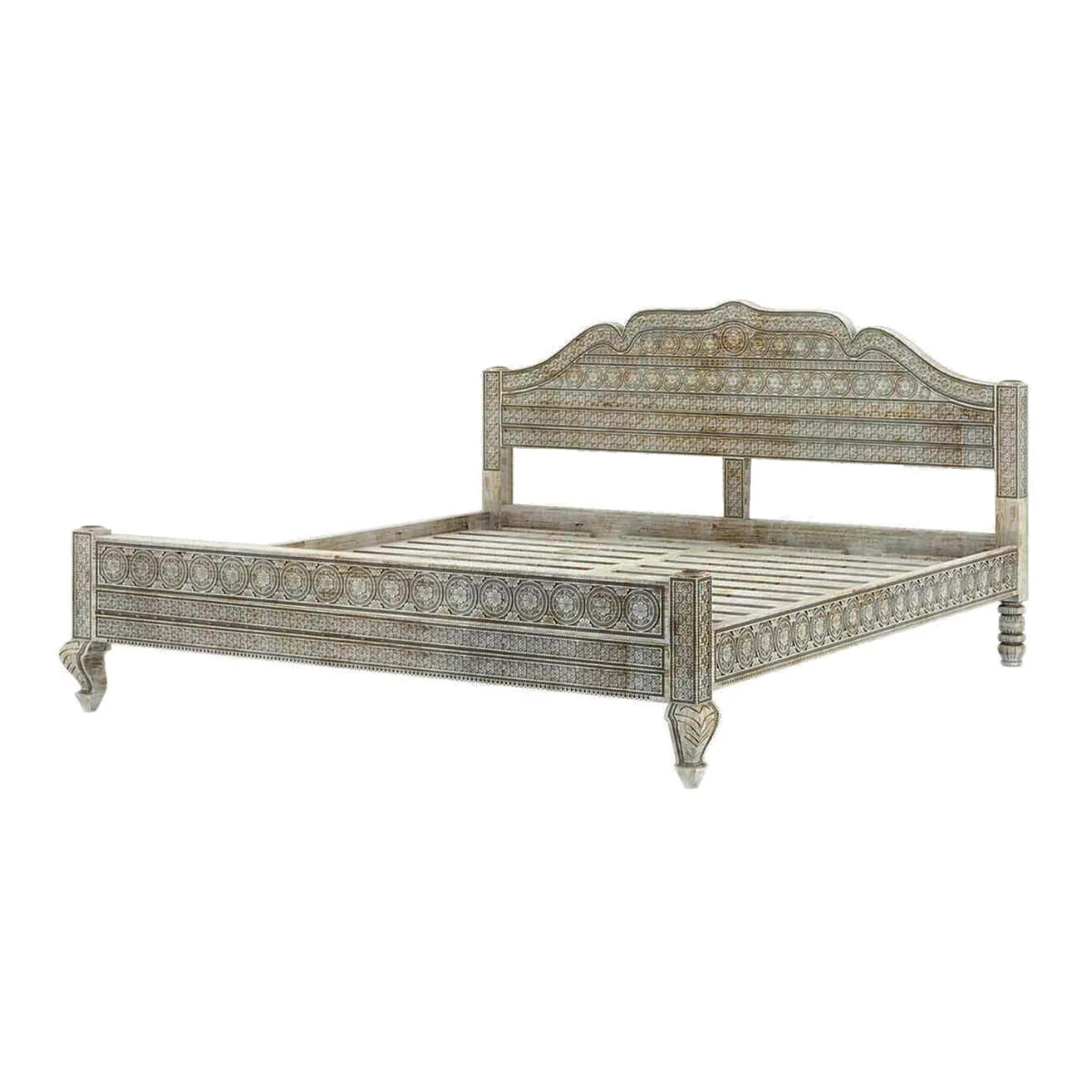 Rialto Distressed Antique Wooden Bed with Ornate Decorative Carving