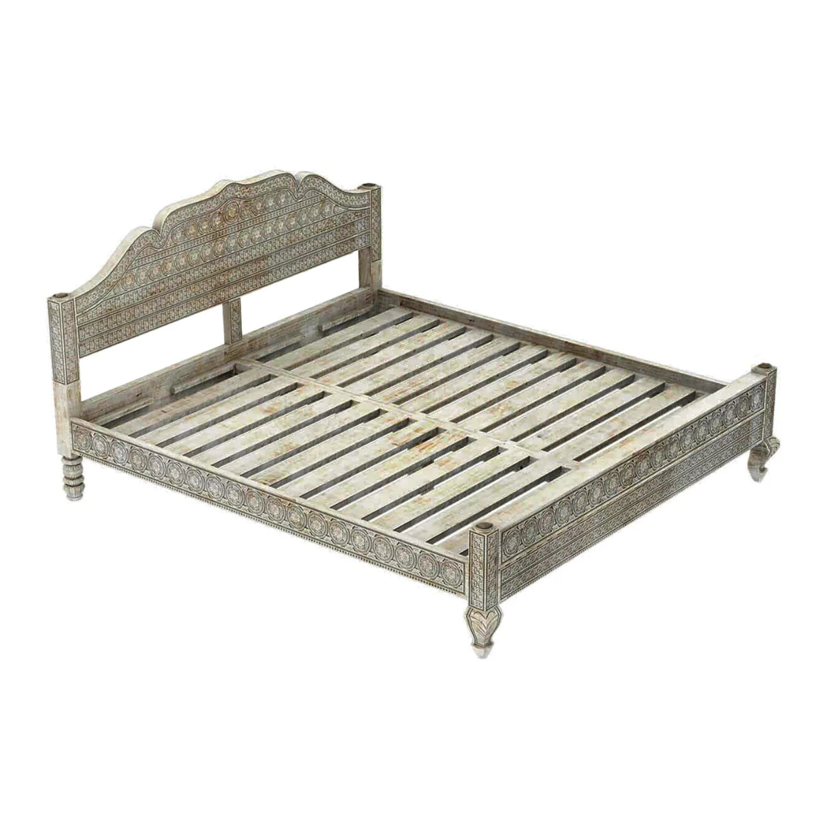 Rialto Distressed Antique Wooden Bed with Ornate Decorative Carving