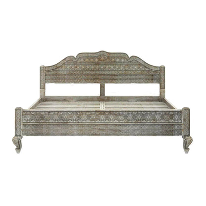 Rialto Distressed Antique Wooden Bed with Ornate Decorative Carving
