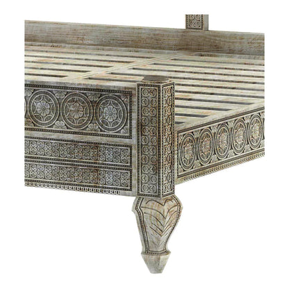 Rialto Distressed Antique Wooden Bed with Ornate Decorative Carving