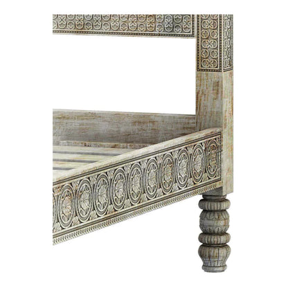 Rialto Distressed Antique Wooden Bed with Ornate Decorative Carving
