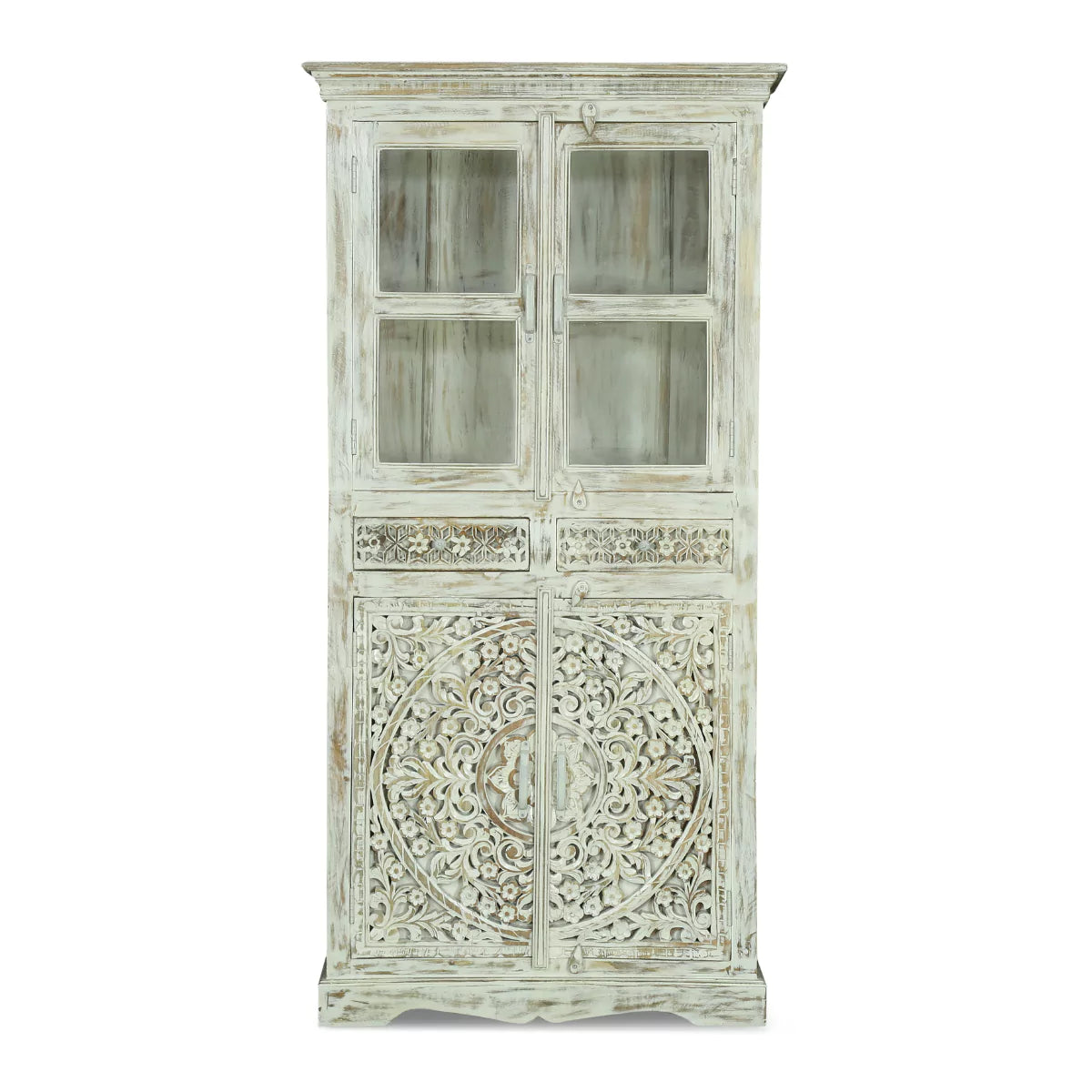 Savannah Rustic Distressed White Handcarved Glass Display Hutch Cabinet