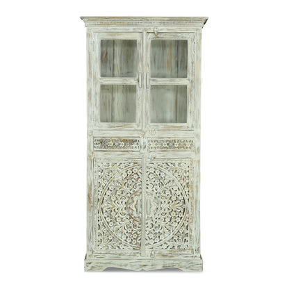 Savannah Rustic Distressed White Handcarved Glass Display Hutch Cabinet
