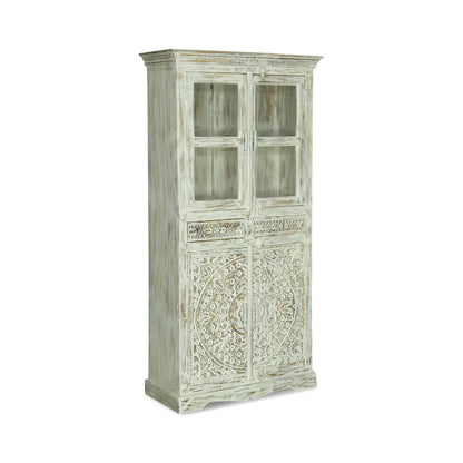 Savannah Rustic Distressed White Handcarved Glass Display Hutch Cabinet