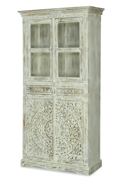 Savannah Rustic Distressed White Handcarved Glass Display Hutch Cabinet