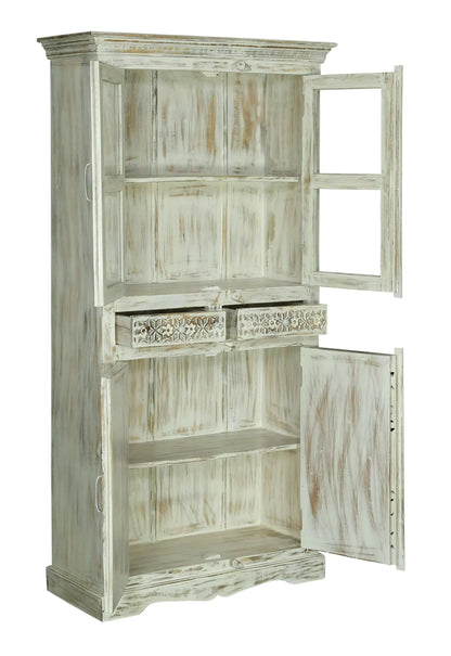 Savannah Rustic Distressed White Handcarved Glass Display Hutch Cabinet