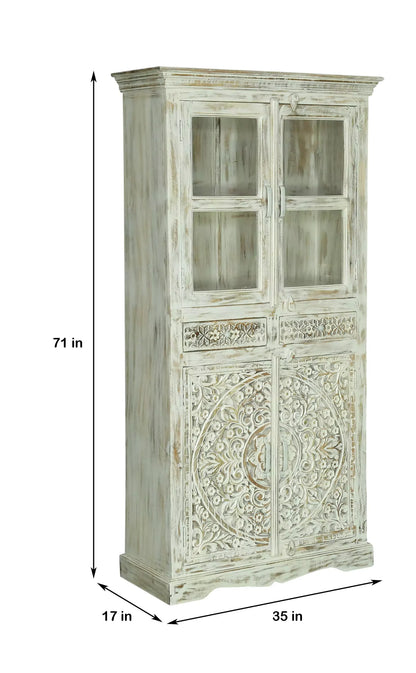 Savannah Rustic Distressed White Handcarved Glass Display Hutch Cabinet