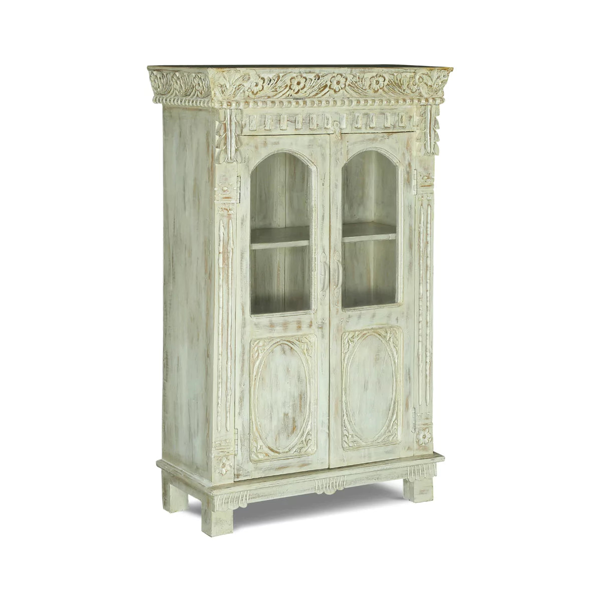 Savannah Rustic Distressed White Wooden Tall Storage Cabinet with Glass Doors