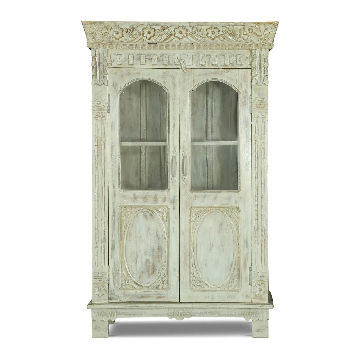 Savannah Rustic Distressed White Wooden Tall Storage Cabinet with Glass Doors