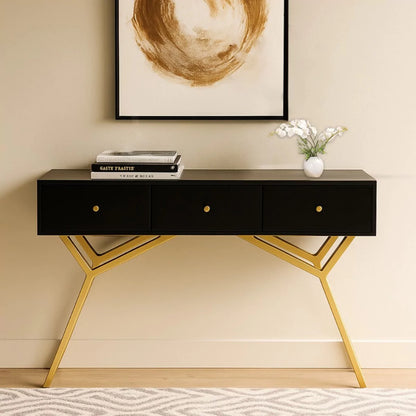 Scottsdale Geometric Leg Black and Gold Console Table with 3 drawers