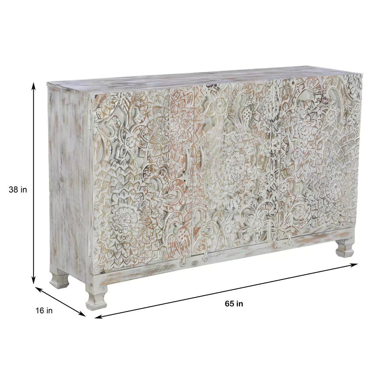 Scottsville Rustic Hand Carved Distressed White Wooden Sideboard Cabinet