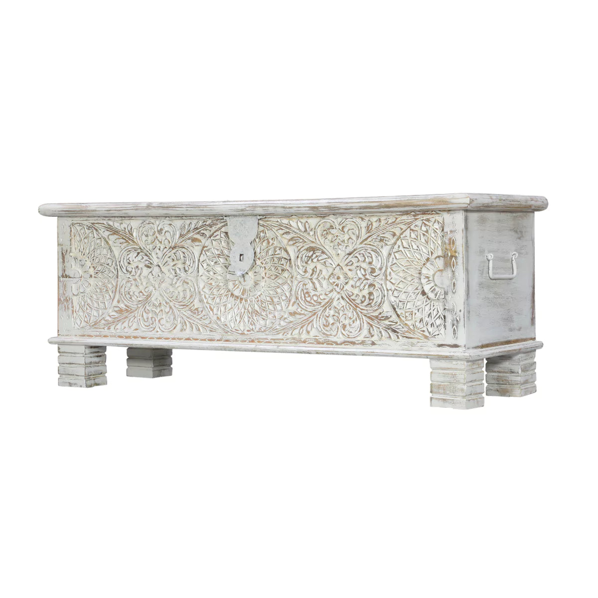 Seabrook Rustic Hand Carved Distressed White Large Wooden Trunk