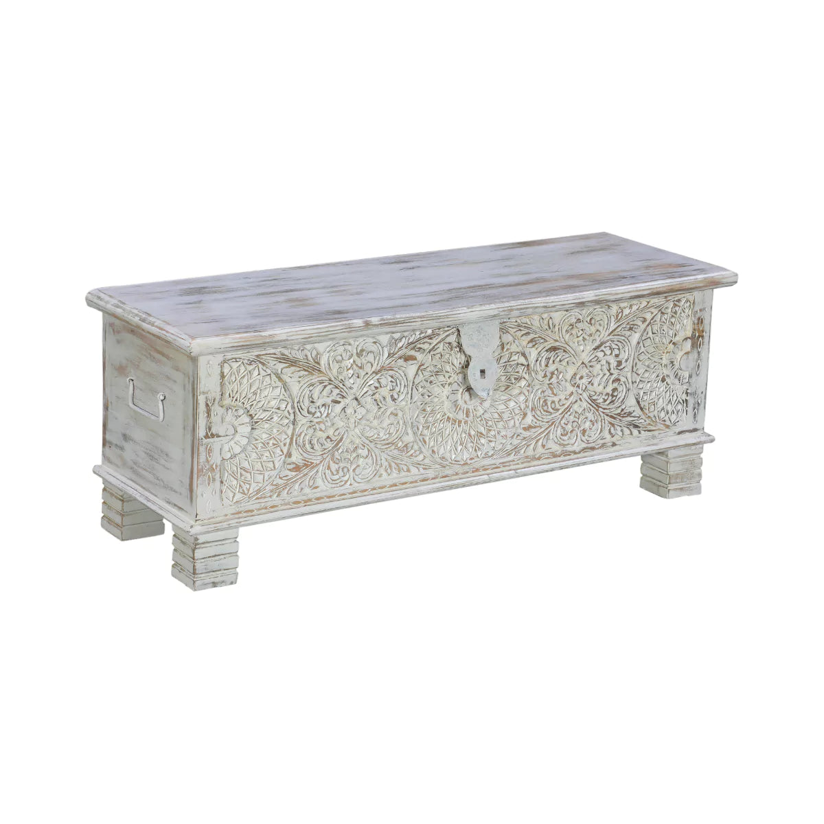 Seabrook Rustic Hand Carved Distressed White Large Wooden Trunk