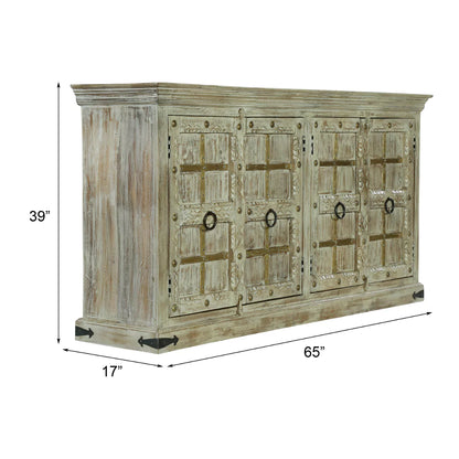 Taos Rustic Distressed Large Carved Wooden Sideboard Cabinet