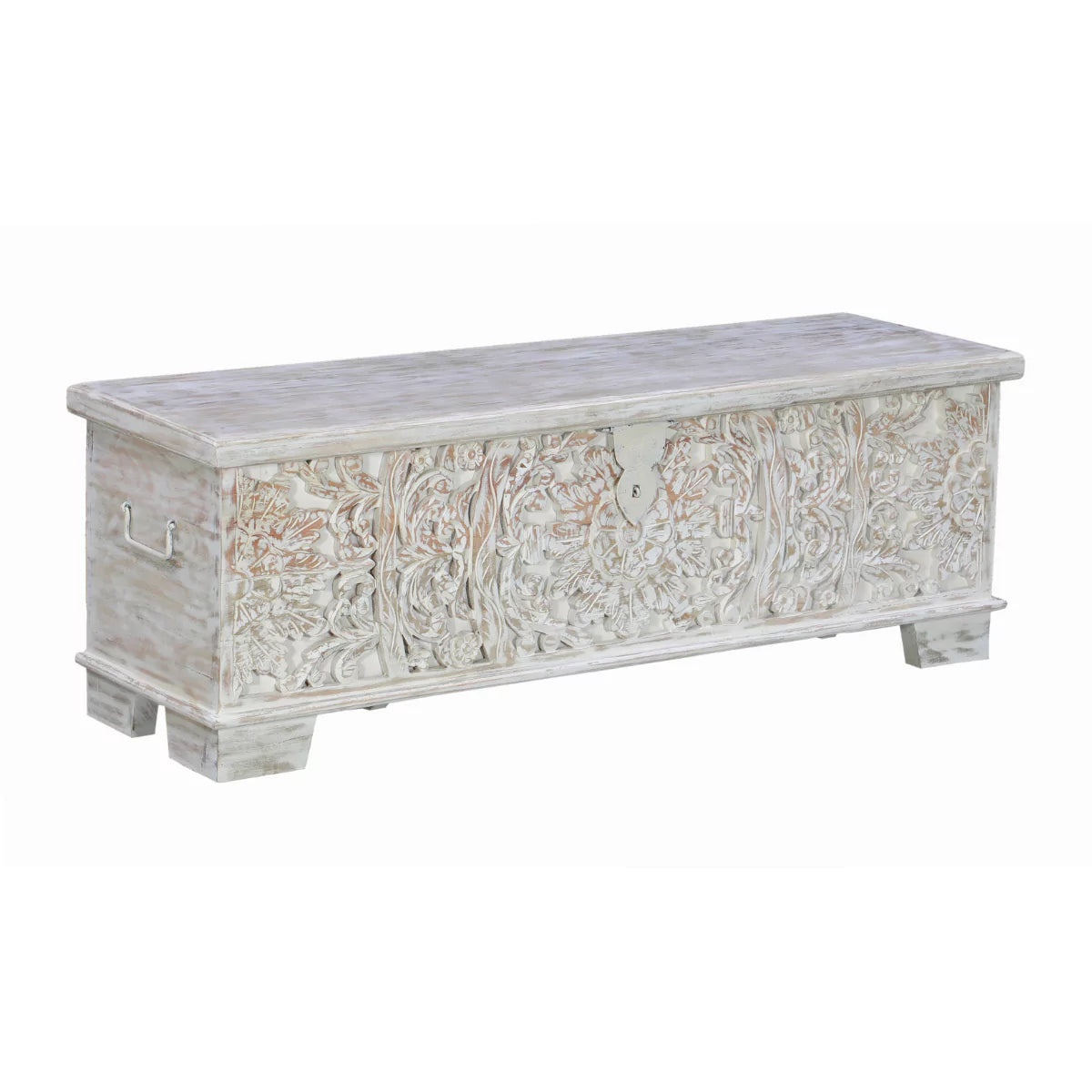 Tivoli Rustic Distressed White Carved Wooden Trunk Storage Box