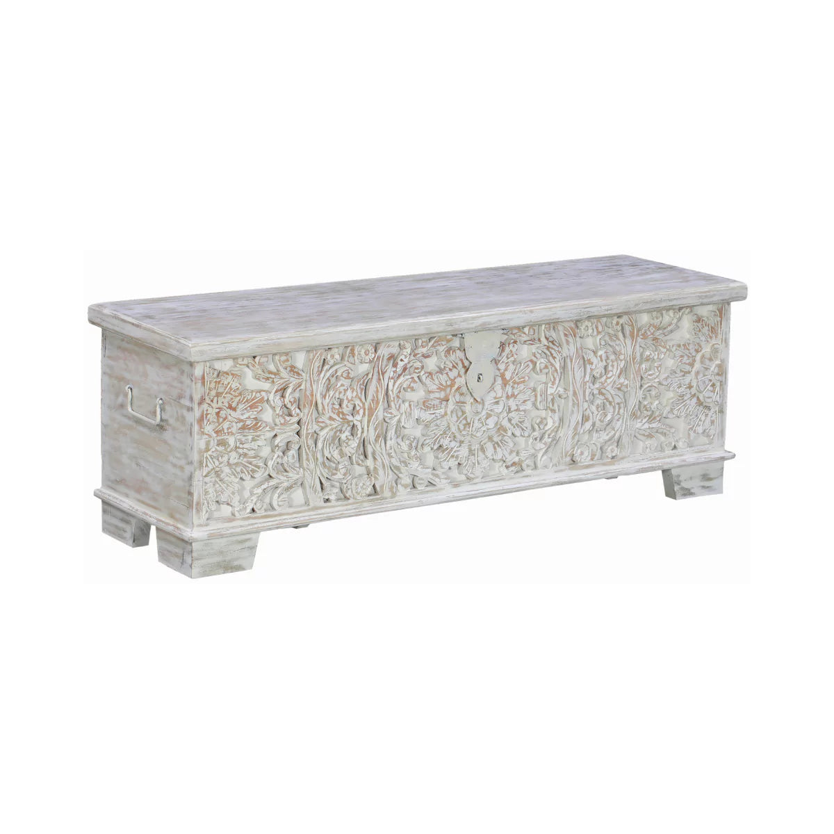 Tivoli Rustic Distressed White Carved Wooden Trunk Storage Box