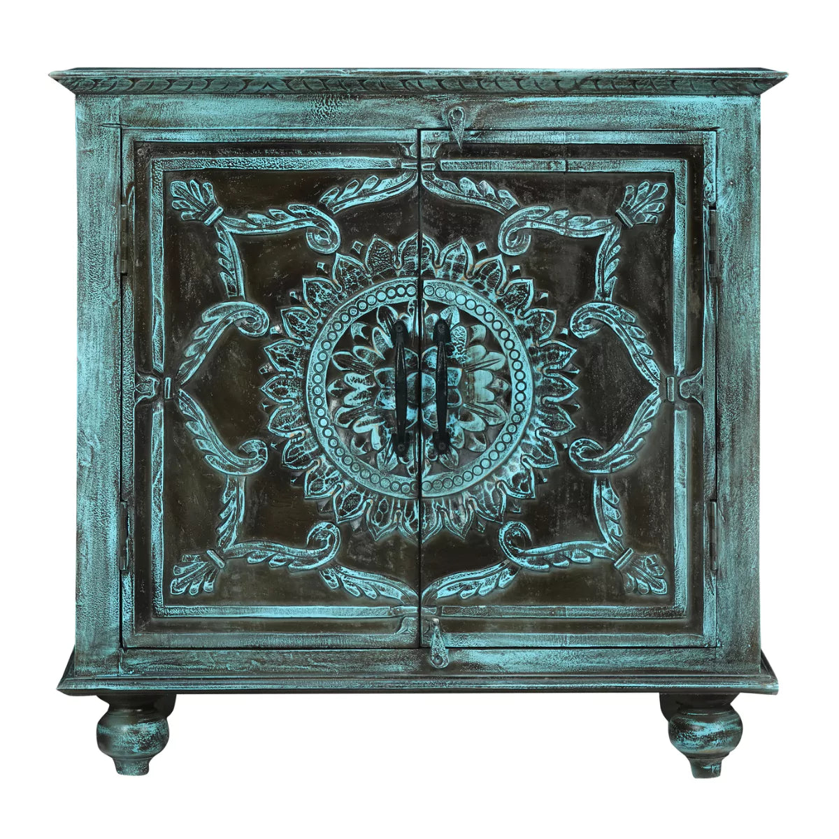 Tonalea Hand-Carved Distressed Turquoise Solid Wood Small Sideboard