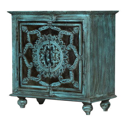 Tonalea Hand-Carved Distressed Turquoise Solid Wood Small Sideboard