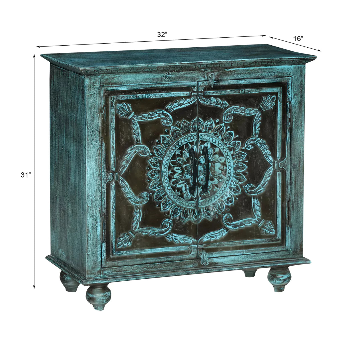 Tonalea Hand-Carved Distressed Turquoise Solid Wood Small Sideboard