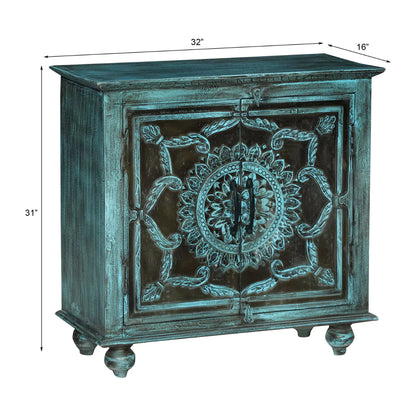 Tonalea Hand-Carved Distressed Turquoise Solid Wood Small Sideboard