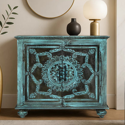Tonalea Hand-Carved Distressed Turquoise Solid Wood Small Sideboard