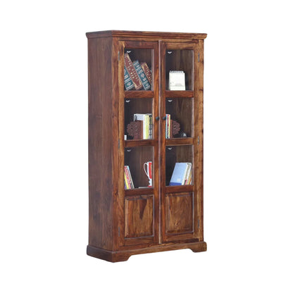 Wimberly Rustic Teak Finish Wooden Tall Display Cabinet with Glass Doors