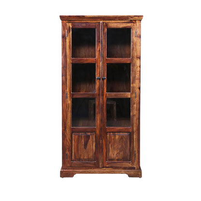 Wimberly Rustic Teak Finish Wooden Tall Display Cabinet with Glass Doors