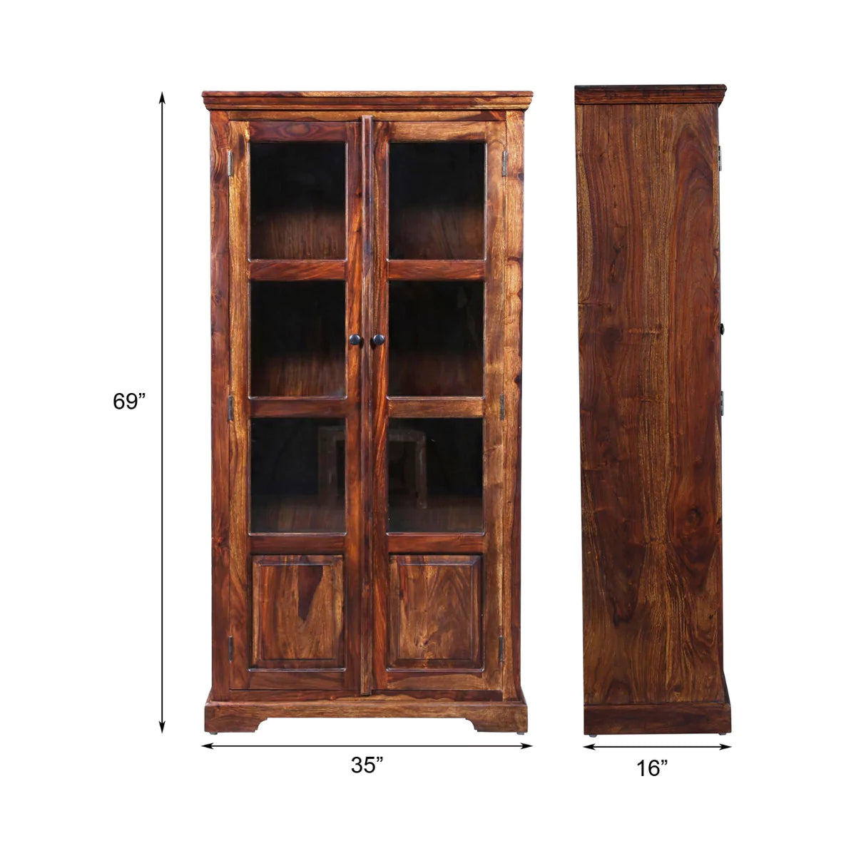 Wimberly Rustic Teak Finish Wooden Tall Display Cabinet with Glass Doors