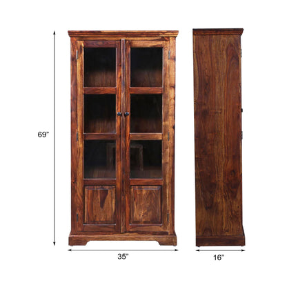 Wimberly Rustic Teak Finish Wooden Tall Display Cabinet with Glass Doors