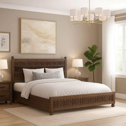 Winnetka Teak Finish Low Profile Wooden Bed with Decorative Carving