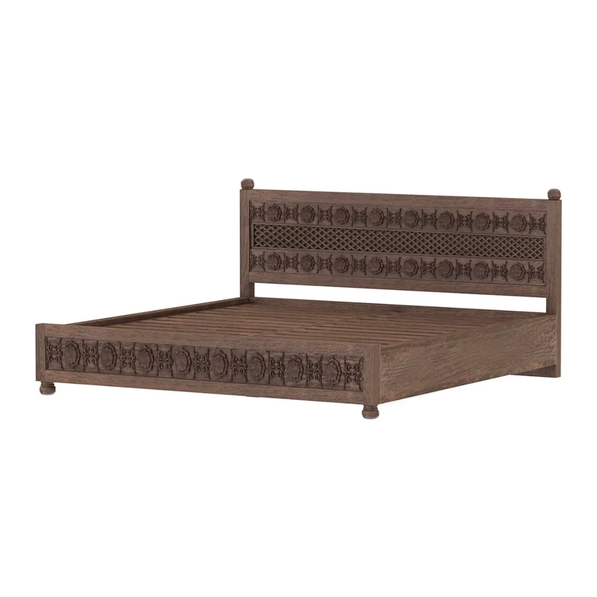 Winnetka Teak Finish Low Profile Wooden Bed with Decorative Carving