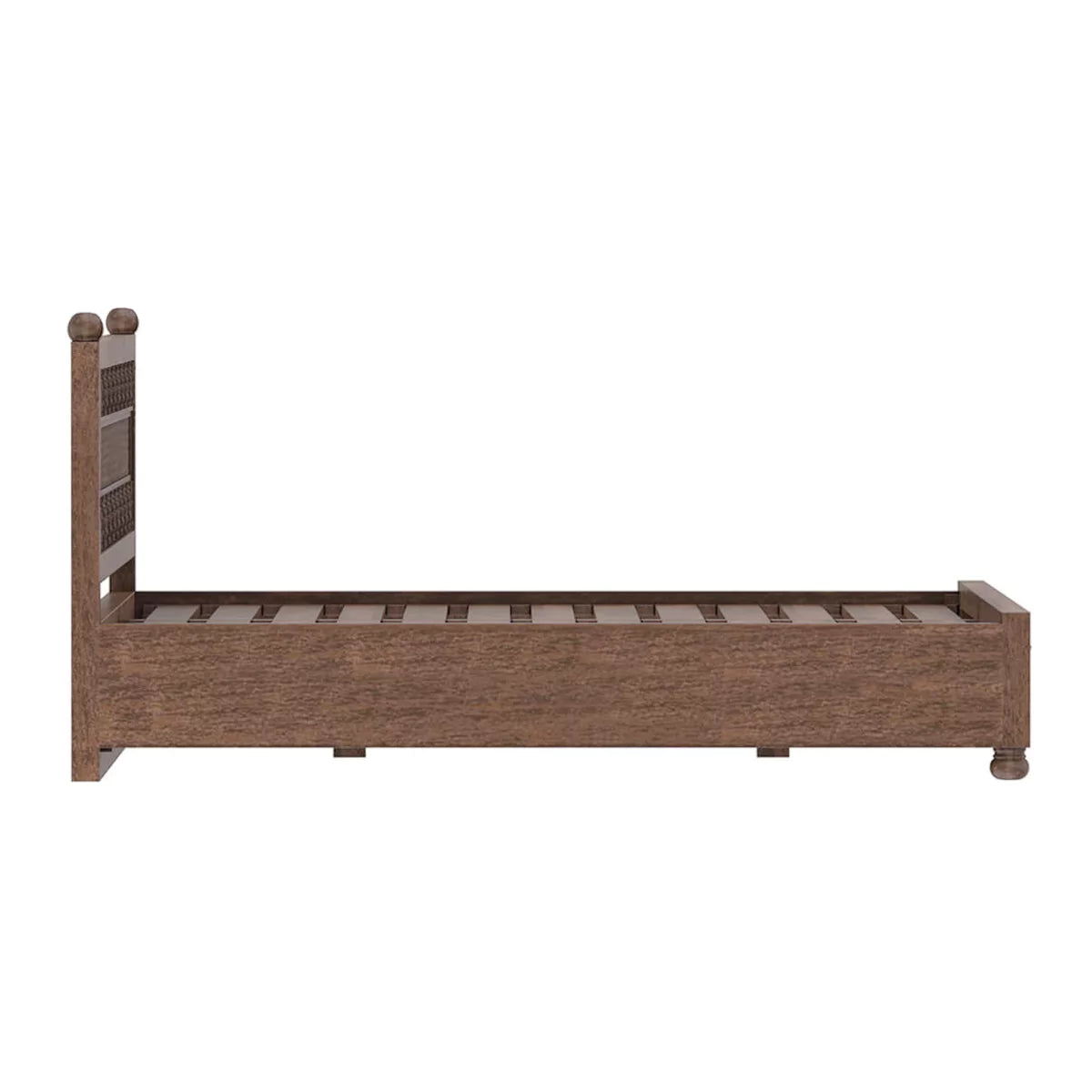 Winnetka Teak Finish Low Profile Wooden Bed with Decorative Carving