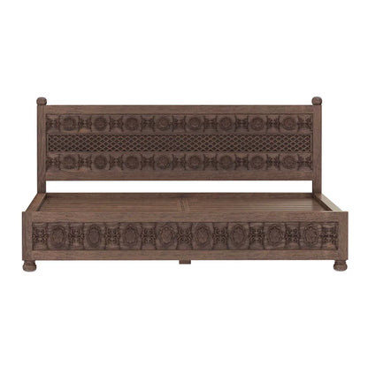 Winnetka Teak Finish Low Profile Wooden Bed with Decorative Carving