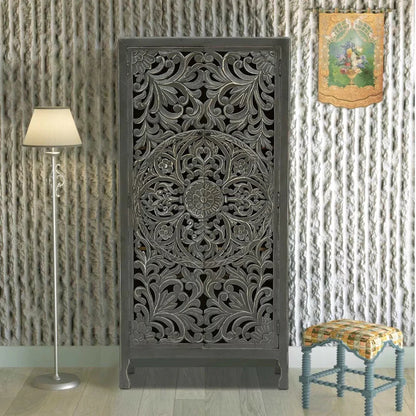 Winona Rustic Hand-Carved Distressed Wooden Tall Accent Cabinet