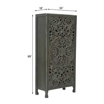 Winona Rustic Hand-Carved Distressed Wooden Tall Accent Cabinet