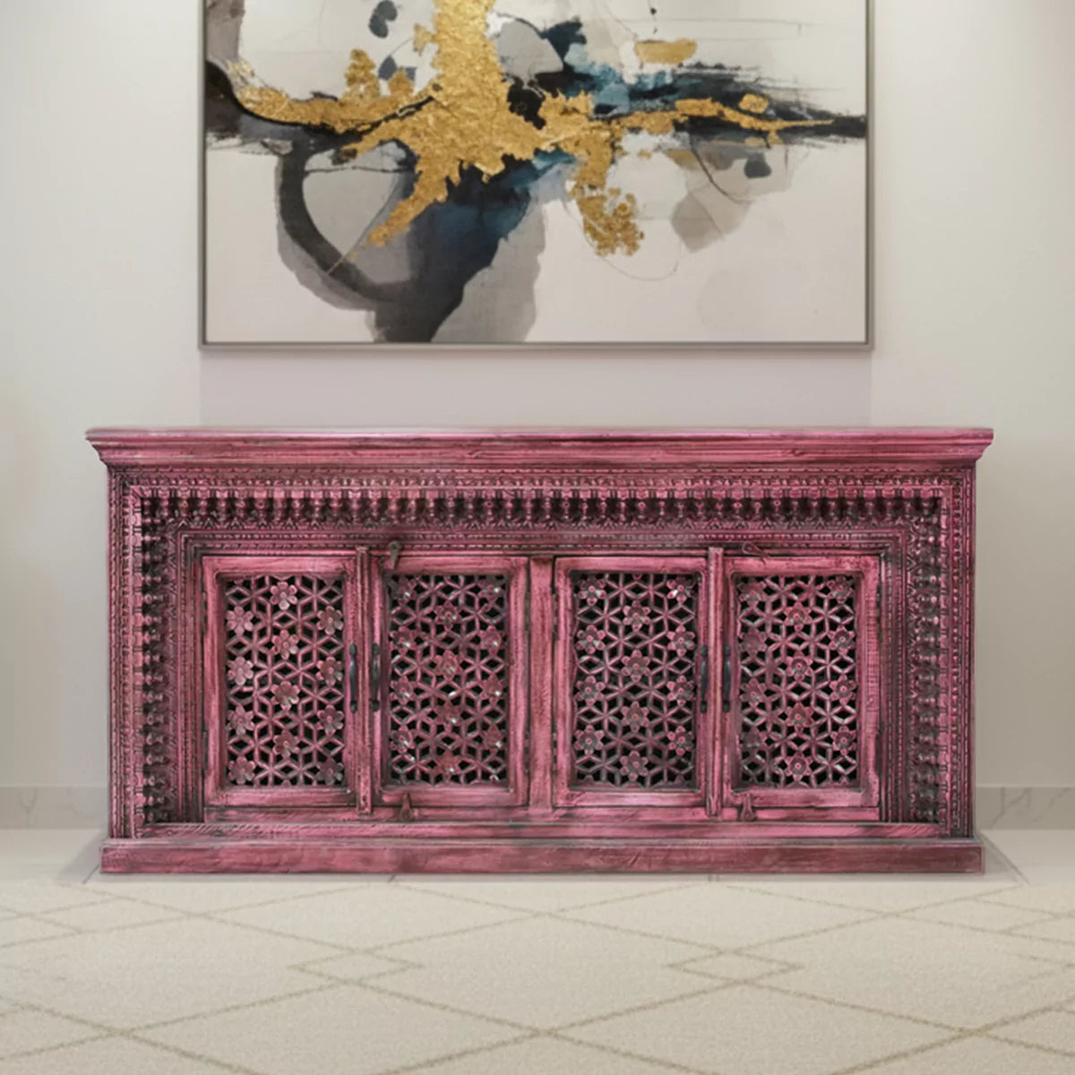 Yermo Vintage Hand Carved Large 4 Door Wooden Sideboard