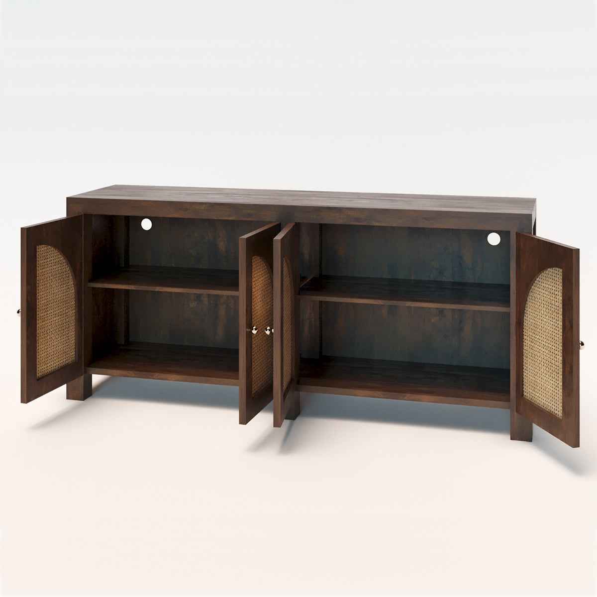 Aberdeen 4 Door Rattan Sideboard – open front view mango goldie finish | Oak & Loom Solid Wood Furniture
