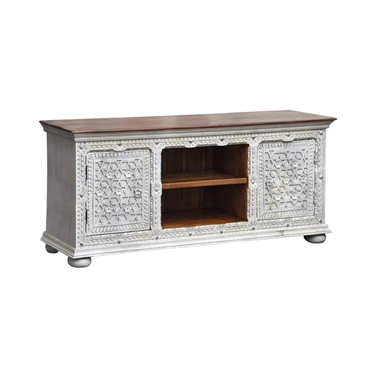 Alpena Rustic Ornate Carved Distressed Wooden TV Cabinet – front view | Oak & Loom Solid Wood Furniture