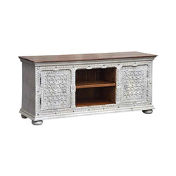 Alpena Rustic Ornate Carved Distressed Wooden TV Cabinet – front view | Oak & Loom Solid Wood Furniture
