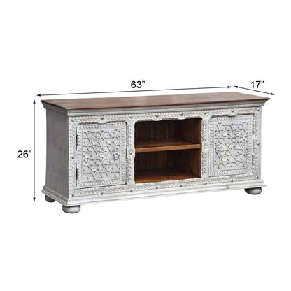 Alpena Rustic Ornate Carved Distressed Wooden TV Cabinet – detail view | Oak & Loom Solid Wood Furniture