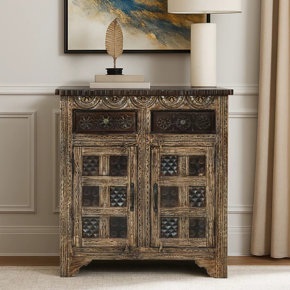 Calaveras Traditional Hand Carved Wooden Small Sideboard – isometric view | Oak & Loom Solid Wood Furniture