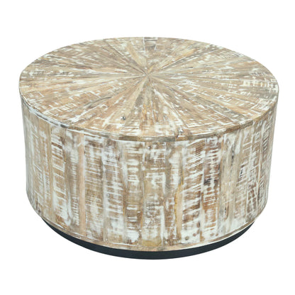 Cambria WHandcrafted round drum design Whitewashed rustic finish Solid mango wood constructionhitewashed Solid Wood Round Drum Coffee Table