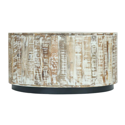 Cambria WHandcrafted round drum design Whitewashed rustic finish Solid mango wood constructionhitewashed Solid Wood Round Drum Coffee Table