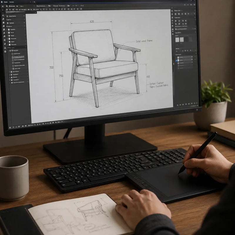 Close-up of a furniture designer's hands sketching a custom wooden chair on a computer using CAD software, with the furniture design and technical blueprint as the main focus
