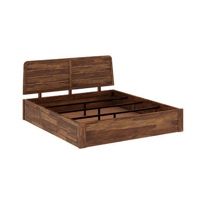 Wooden bed frame with headboard on a white background