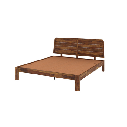 Wooden bed frame with headboard on a white background