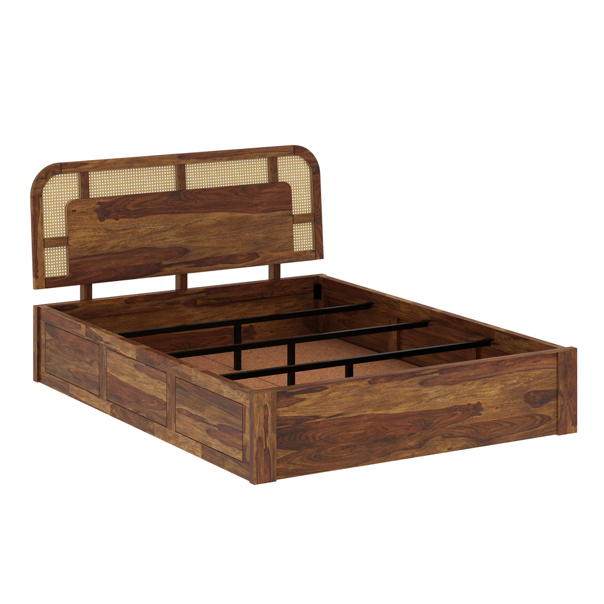 Wooden bed frame with woven headboard on a white background