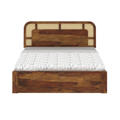 Wooden bed with woven backrest on a white background Fron Angle